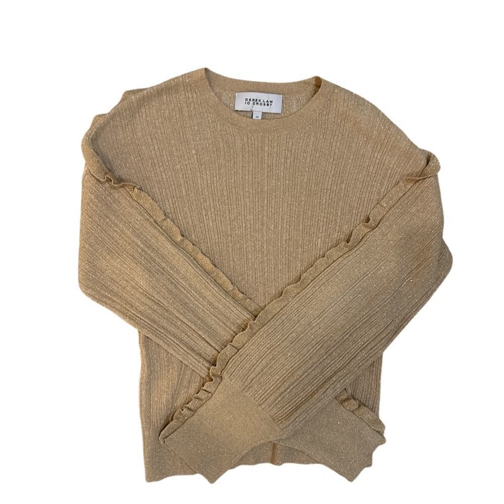 Derek Lam 10 Crosby Metallic Gold Ribbed Ruffle Sweater S/P